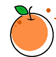 a cartoon drawing of an orange with a green leaf on it