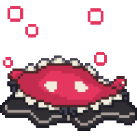 a pixel art of a red fish with white teeth