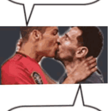 a couple of men kissing each other with a speech bubble above them .