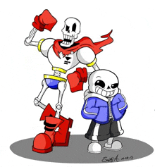 papyrus and sans from undertale are standing next to each other in a cartoon style .