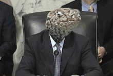 a man in a suit and tie has a lizard head on his head