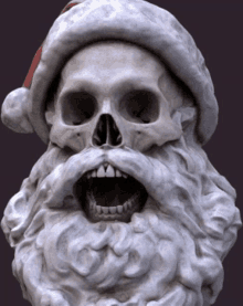 a statue of a skull wearing a santa hat with his mouth open