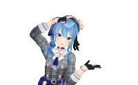 a girl with blue hair is wearing a plaid jacket and tie