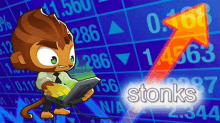 a cartoon monkey is holding a laptop in front of a stock chart that says stonks