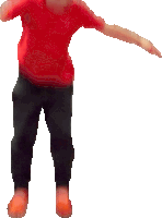 a person in a red shirt and black pants is dancing with their arms outstretched