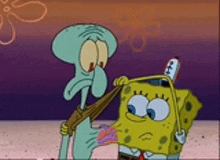 spongebob and squidward from spongebob squarepants are standing next to each other on the beach