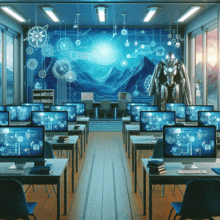 a classroom with lots of computer monitors and a robot