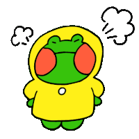 a cartoon frog wearing a yellow raincoat with steam coming out of its mouth