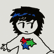 a drawing of a person with black hair and a red star on his chest