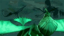 a green dragon with green wings is standing in front of a group of other dragons .