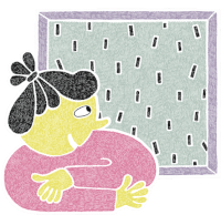 a drawing of a woman looking out a window with rain drops on it