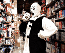 a man in a clown costume is standing in front of a shelf that says do not drink