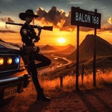 a woman in a cowboy hat holds a gun in front of a sign that reads balon 168