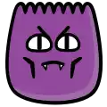 a cartoon purple monster with a very angry face and teeth .