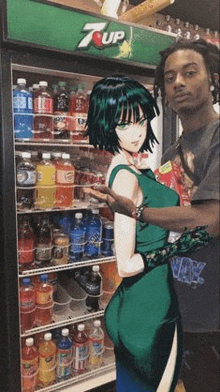 a man is standing next to a woman in front of a 7 up fridge .