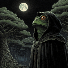 a frog in a hooded cape looks up at the moon