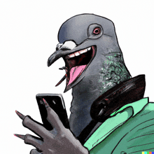 a drawing of a pigeon holding a cell phone with its mouth open