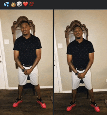 a man in a black shirt and white shorts is standing in a room