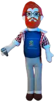 a stuffed doll with a beard and glasses is wearing a blue shirt that says ' i 'm sorry '