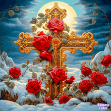 a painting of a cross surrounded by red roses with the words fantasy color below it