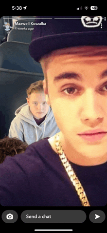 a screenshot of justin bieber taking a selfie with maxwell koszalka 4 weeks ago