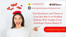 a woman is pointing at a red button that says pankaj astrology.com