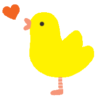 a yellow duck with a red heart in its mouth