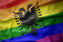 a rainbow colored flag with a black eagle on it