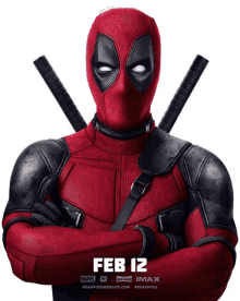 a poster for the movie deadpool shows a man in a red and black suit