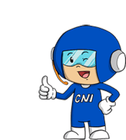 a cartoon character is wearing a blue helmet and goggles and giving a thumbs up .