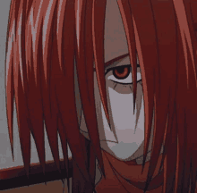 a close up of a red haired anime character with red eyes