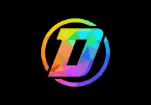 a colorful logo with the letter t in a circle on a black background