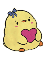 a yellow chick with a blue bow holds a pink heart