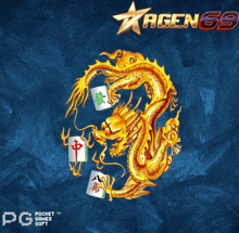 an advertisement for agen 69 shows a dragon surrounded by mahjong tiles