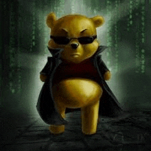 a winnie the pooh bear wearing sunglasses and a trench coat .