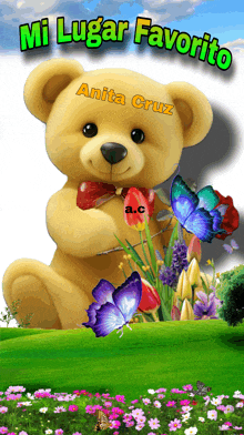 a picture of a teddy bear with flowers and butterflies and the words mi lugar favorito