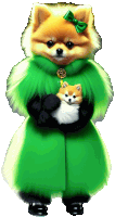 a pomeranian dog wearing a green fur coat holds a small dog