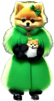 a pomeranian dog wearing a green fur coat holds a small dog