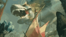 a painting of a shark with its mouth open and sharp teeth