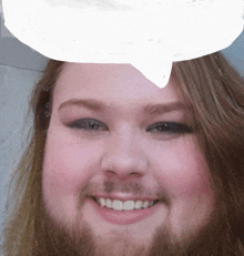 a woman with a beard and a speech bubble on her head