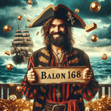 a man in a pirate costume holding a sign that says balon 168