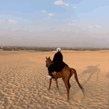 a person riding a horse in the desert with a blue sky in the background