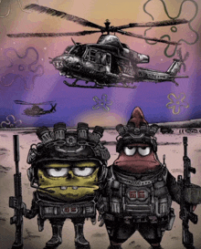 a cartoon of spongebob and patrick in military uniforms