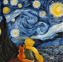 a painting of a boy and a fox looking at a starry night sky