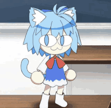 a cartoon character with blue hair and cat ears is standing in front of a wooden table