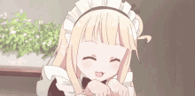 a blonde anime girl is wearing a maid costume