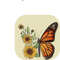 a butterfly surrounded by sunflowers on a yellow background