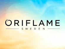 a logo for oriflame sweden with a blue and yellow background