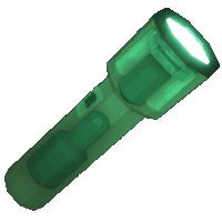 a green flashlight with a white light inside