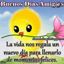 a cartoon of a chicken holding a pink flower with the words buenos dias amigos above it